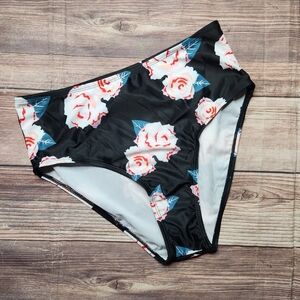 5/$15 Dressfo Pin Up High Waist Retro Rose Floral Black Pink Bikini Bottoms